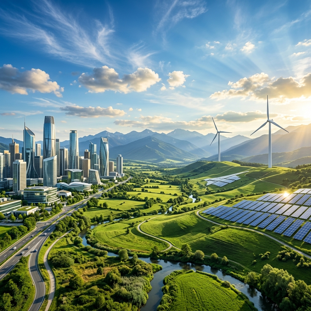 Futuristic renewable energy city featuring solar panel installations and wind turbines